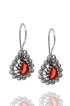 Miras Serisi  Gümüş Telkari Taşlı Damla Kadın Küpe Midyat Gümüşü