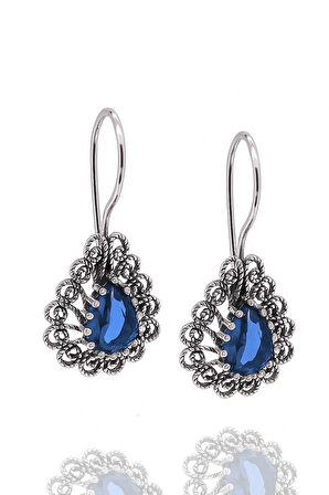 Miras Serisi  Gümüş Telkari Taşlı Damla Kadın Küpe Midyat Gümüşü