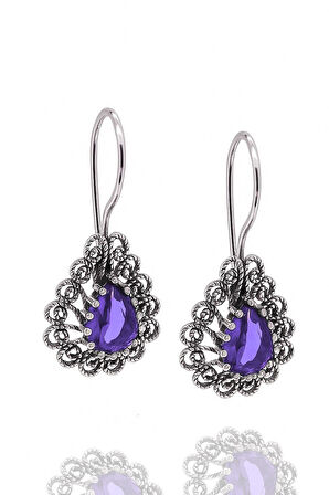 Miras Serisi  Gümüş Telkari Taşlı Damla Kadın Küpe Midyat Gümüşü