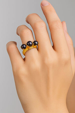 Vintage Tarzı Altın Kaplama Siyah Üç İnci Taşlı Otantik Ayarlanabilir Kadın Yüzüğü