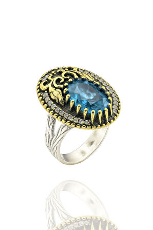 Lale Motifli Oval Zirkon Taşlı Renk Seçenekli Otantik Ayarlanabilir Gümüş Yüzük