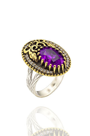 Lale Motifli Oval Zirkon Taşlı Renk Seçenekli Otantik Ayarlanabilir Gümüş Yüzük