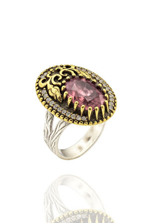 Lale Motifli Oval Zirkon Taşlı Renk Seçenekli Otantik Ayarlanabilir Gümüş Yüzük