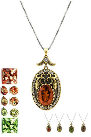 Lale Motifli Oval Zirkon Taşlı Renk Seçenekli Otantik Ayarlanabilir Gümüş Kolye 