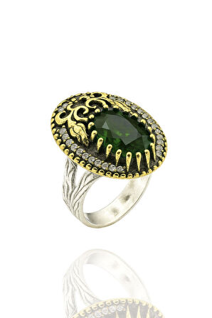 Lale Motifli Oval Zirkon Taşlı Renk Seçenekli Otantik Ayarlanabilir Gümüş Yüzük