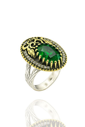 Lale Motifli Oval Zirkon Taşlı Renk Seçenekli Otantik Ayarlanabilir Gümüş Yüzük