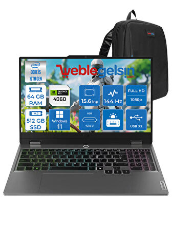 Lenovo loq 15IAX9 Intel I5 12450HX 64GB Ddr5 512GB SSD RTX4060 8gb (105W) 15.6″ Fhd Windows 11 Pro 15.6" IPS Fhd 144HZ Taşınabilir Bilgisayar 883GS007XTRWP11 + Zettaçanta