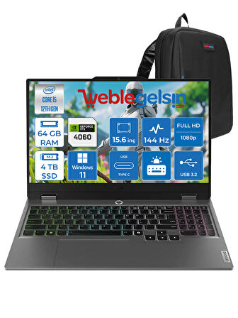 Lenovo loq 15IAX9 Intel I5 12450HX 64GB Ddr5 4tb SSD RTX4060 8gb (105W) 15.6″ Fhd Windows 11 Pro 15.6" IPS Fhd 144HZ Taşınabilir Bilgisayar 883GS007XTRWP14 + Zettaçanta
