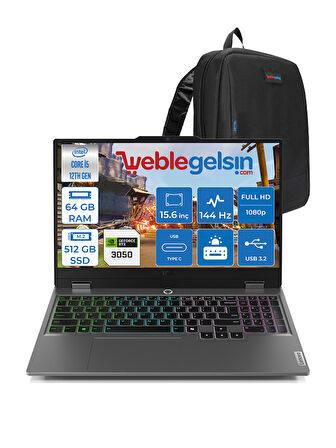 Lenovo Loq 15IAX9 Intel Core I5 12450HX 64GB Ddr5 512GB SSD 6gb RTX3050 (95W) 15.6" IPS 144Hz Fhd Freedos Taşınabilir Bilgisayar 883GS001TTRF07 + Zetta Çanta