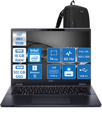 Acer Travelmate P4 Intel Core I7-1260P 16GB 512GB SSD Intel UHD Graphics Fhd 14" Windows 11 Home Taşınabilir Bilgisayar MP414WH01 + Zettaçanta