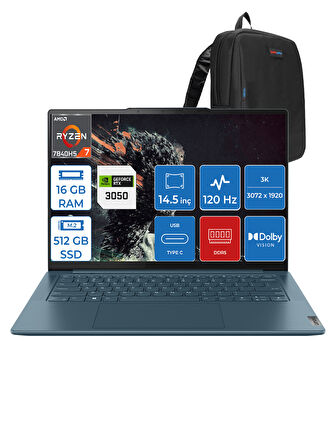 Lenovo Yoga Pro 7 14APH8 Ryzen 7 7840HS 16GB LPDDR5X 512GB SSD 6GB/RTX3050 14.5" 3k IPS 400NITS 120Hz Dolby Vision Freedos Taşınabilir Bilgisayar L82Y8002LTXF01 + Zettaçanta