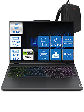 Lenovo Legion Pro 7 I9-14900HX 32GB 4tb SSD 12GB/RTX4080/175W 16" 240Hz 500NITS Hdr Wqxga Freedos Taşınabilir Bilgisayar L83DE002WTR05 + Zettaçanta
