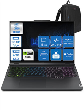 Lenovo Legion Pro 7 I9-14900HX 96GB 2tb + 2tb SSD 12GB/RTX4080/175W 16" 240Hz 500NITS Hdr Wqxga Freedos Taşınabilir Bilgisayar L83DE002WTR24 + Zettaçanta