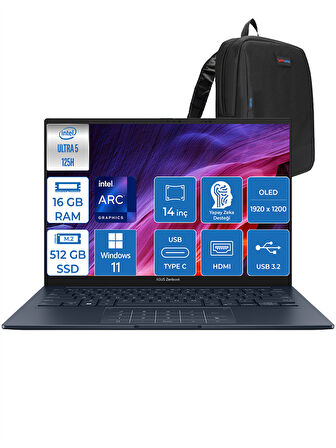 Asus Zenbook 14 OLED Ultra 5 125H 16GB LPDDR5X 512GB SSD Intel Arc 14" Fhd WIN11PRO Taşınabilir Bilgisayar QD089WP01 + Zettaçanta