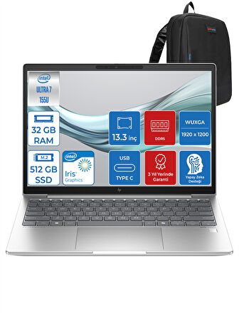 Hp Elitebook 630 G11 Ultra7 155U 32GB Ddr5 512GB SSD 13.3'' Fhd Wuxga Freedos Yapay Zeka Destekli Taşınabilir Bilgisayar H9Y7R8ET08 + Zettaçanta