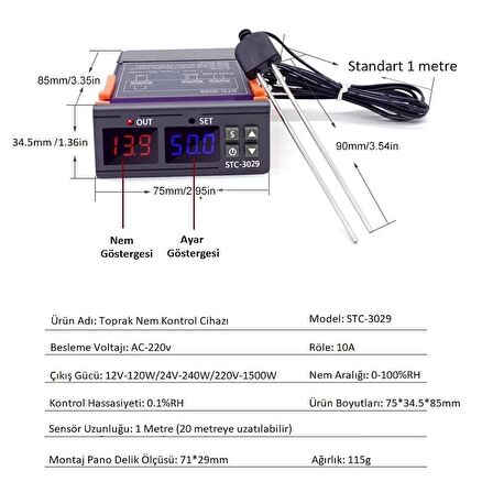 YATE10 STC-3029 220V-10A Toprak Nem Kontrol Cihazı