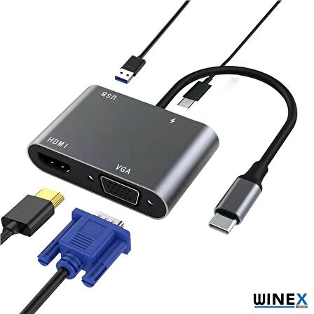 Winex 4in1 Type-C to HUB PD 65W+HDTV+VGA+UsbA Dönüştürücü Adaptör