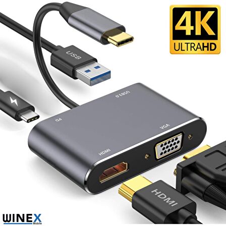 Winex 4in1 Type-C to HUB PD 65W+HDTV+VGA+UsbA Dönüştürücü Adaptör
