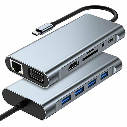 Winex 11in1 Hub Type-C to 4K HDMI/UsbA 3.0/TF SD/VGA/3.5mm AUX/PD Sarj/RJ45 Ethernet Dönüstürücü Adaptör