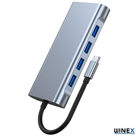 Winex 11in1 Hub Type-C to 4K HDMI/UsbA 3.0/TF SD/VGA/3.5mm AUX/PD Sarj/RJ45 Ethernet Dönüstürücü Adaptör