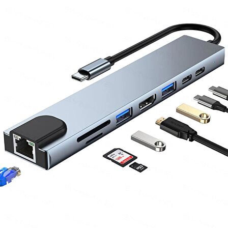 Winex 8in1 USB Type-C Hub Port Adaptör HDMI USB Ethernet PD Girişli