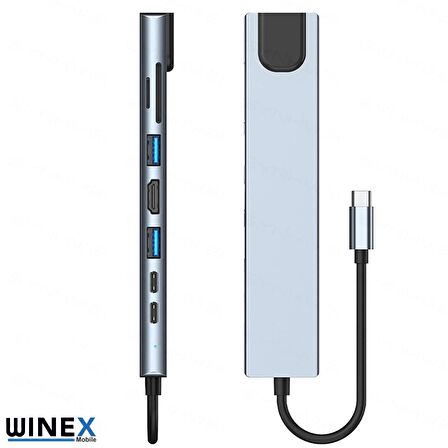 Winex 8in1 USB Type-C Hub Port Adaptör HDMI USB Ethernet PD Girişli