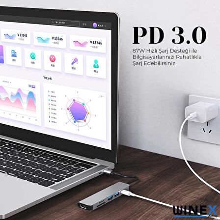 Winex 8in1 USB Type-C Hub Port Adaptör HDMI USB Ethernet PD Girişli
