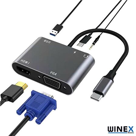 Winex 5in1 Type-C Hub Port Adaptör HDMI VGA USB AUX PD Girişli