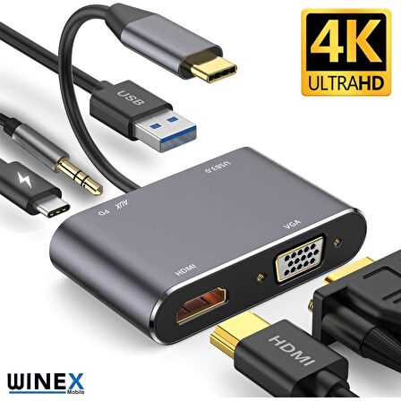 Winex 5in1 Type-C Hub Port Adaptör HDMI VGA USB AUX PD Girişli