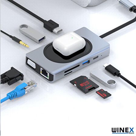Winex 9in1 USB Type-C Hub Port Adaptör 4K HDMI USB Ethernet PD Girişli 15W Kablosuz Şarj