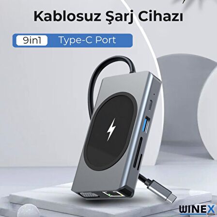 Winex 9in1 USB Type-C Hub Port Adaptör 4K HDMI USB Ethernet PD Girişli 15W Kablosuz Şarj