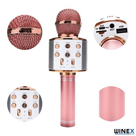 Winex UsbA+TF Sd Kart+3.5mm Aux Girişli Bluetooth Karaoke Mikrofonu Pembe