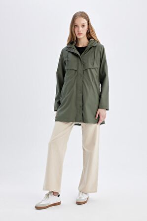 DeFacto Su  İtici Suni Deri Uzun Yağmurluk Polar Astarlı Kapüşonlu Fermuar Çıtçıtlı Cepli Mevsimlik A0982AX24WNKH6