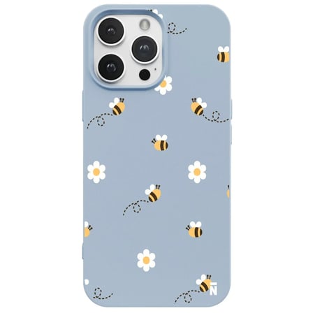 iPhone 15 Pro Max Mavi Lansman Renkli Silikon Bees and Flowers Tasarımlı Kılıf