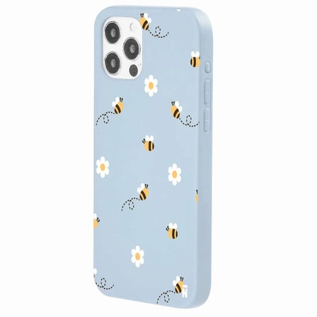 iPhone 15 Pro Max Mavi Lansman Renkli Silikon Bees and Flowers Tasarımlı Kılıf