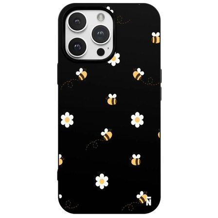 iPhone 14 Pro Max Siyah Lansman Renkli Silikon Bees and Flowers Tasarımlı Kılıf