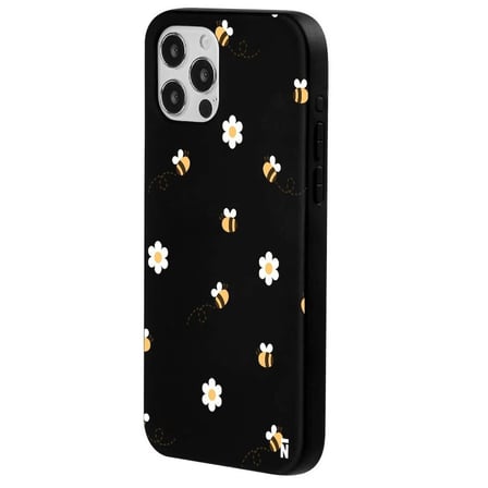 iPhone 14 Pro Max Siyah Lansman Renkli Silikon Bees and Flowers Tasarımlı Kılıf