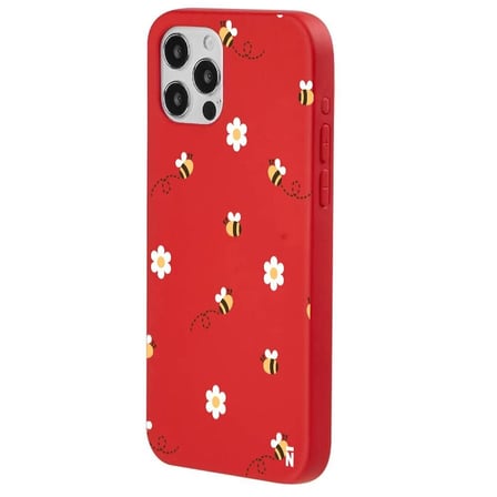 iPhone 14 Pro Max Kırmızı Lansman Renkli Silikon Bees and Flowers Tasarımlı Kılıf