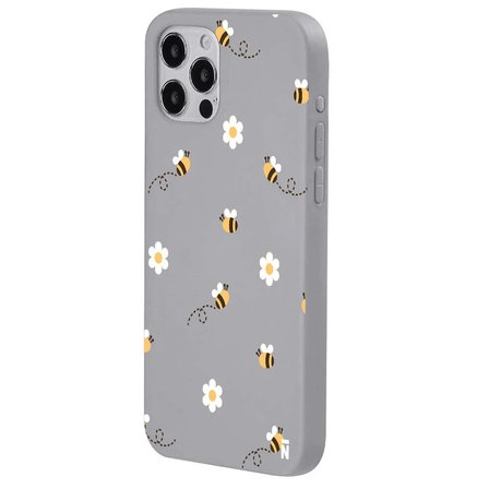iPhone 12 Pro Max Gri Lansman Renkli Silikon Bees and Flowers Tasarımlı Kılıf