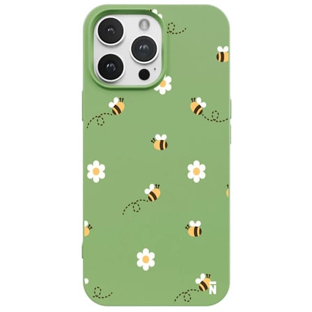 iPhone 12 Pro Max Yeşil Lansman Renkli Silikon Bees and Flowers Tasarımlı Kılıf