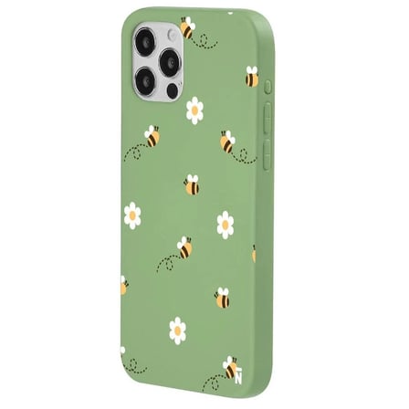 iPhone 12 Pro Max Yeşil Lansman Renkli Silikon Bees and Flowers Tasarımlı Kılıf