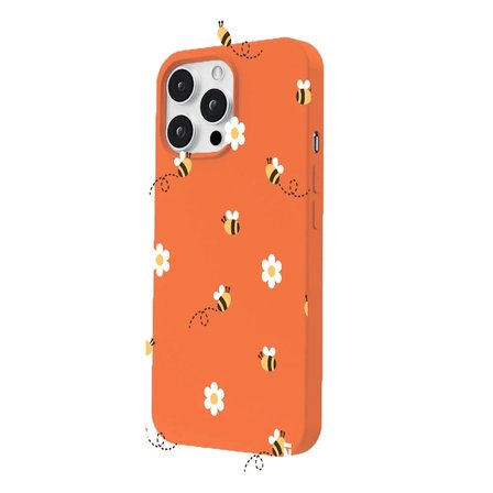 iPhone 11 Pro Max Turuncu Lansman Renkli Silikon Bees and Flowers Tasarımlı Kılıf