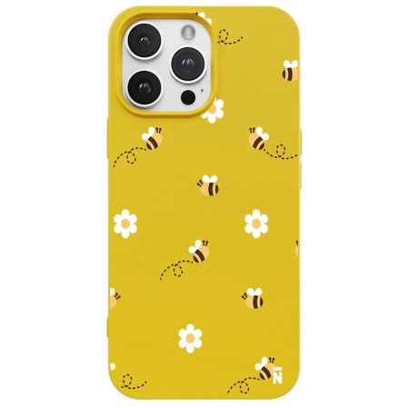 iPhone 14 Pro Sarı Lansman Renkli Silikon Bees and Flowers Tasarımlı Kılıf