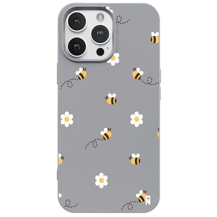 iPhone 13 Pro Gri Lansman Renkli Silikon Bees and Flowers Tasarımlı Kılıf