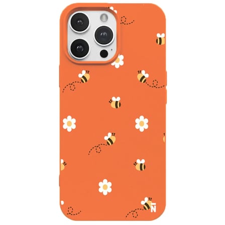 iPhone 13 Pro Turuncu Lansman Renkli Silikon Bees and Flowers Tasarımlı Kılıf