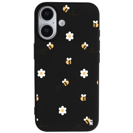 iPhone 17 Siyah Lansman Renkli Silikon Bees and Flowers Tasarımlı Kılıf