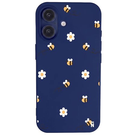 iPhone 17 Lacivert Lansman Renkli Silikon Bees and Flowers Tasarımlı Kılıf