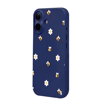 iPhone 17 Lacivert Lansman Renkli Silikon Bees and Flowers Tasarımlı Kılıf