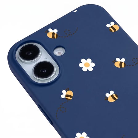 iPhone 17 Lacivert Lansman Renkli Silikon Bees and Flowers Tasarımlı Kılıf