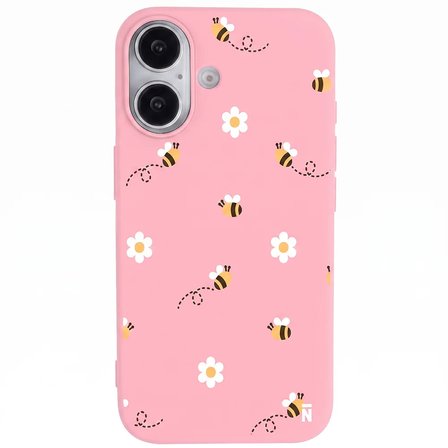 iPhone 17 Pembe Lansman Renkli Silikon Bees and Flowers Tasarımlı Kılıf